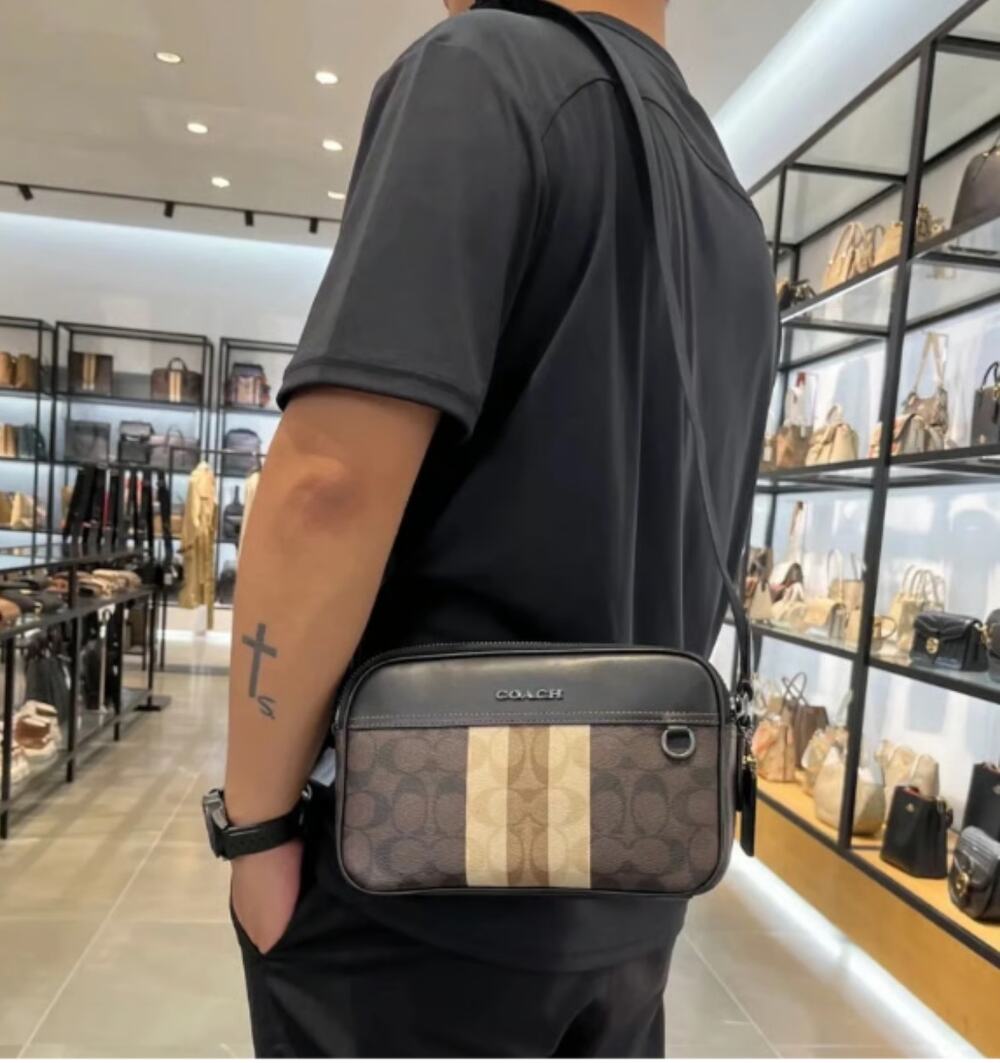 Coach C9965 Signature Canvas Heritage Stripe Crossbody Camera Bag Brown Black